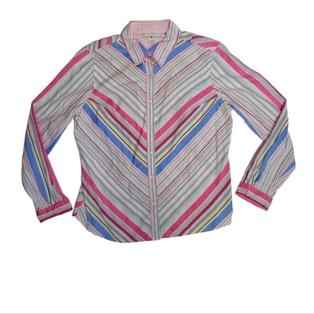 TOMMY HILFIGER Y2K rainbow striped button up‎ shirt L